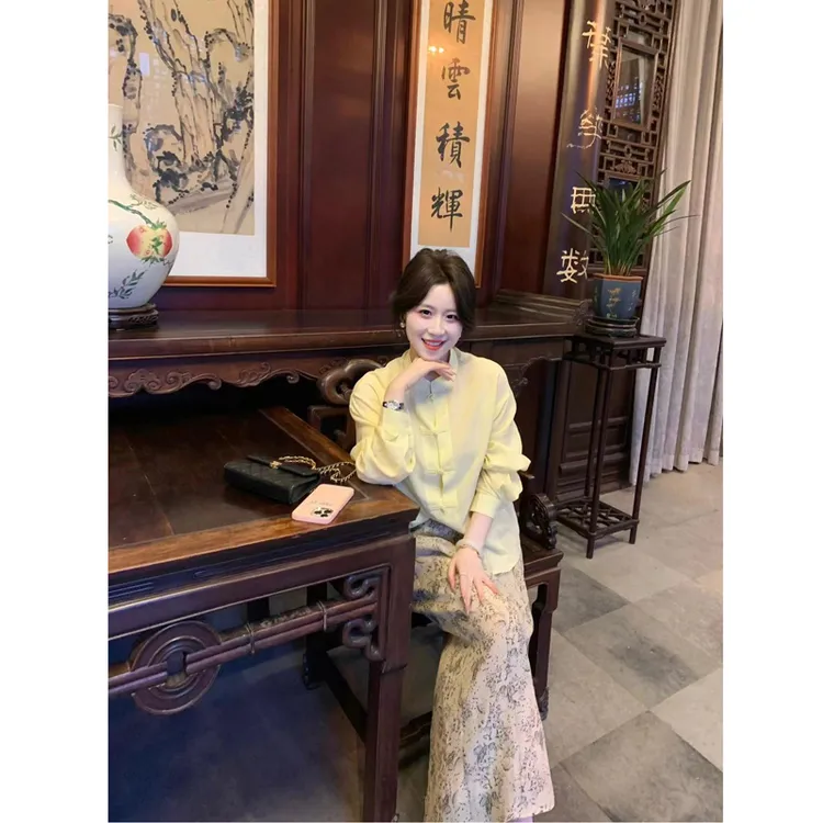 新中式国风长袖衬衫女夏季盘扣设计高级感显瘦气质上衣减龄半身裙