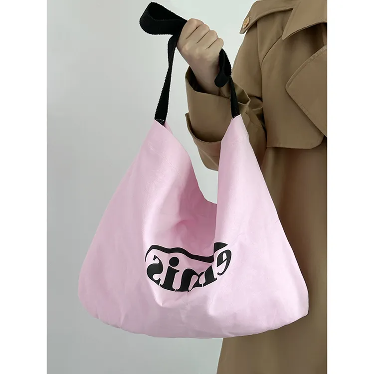 小众设计粉色帆布包包女2024新款大容量单肩斜挎托特包手提腋下包
