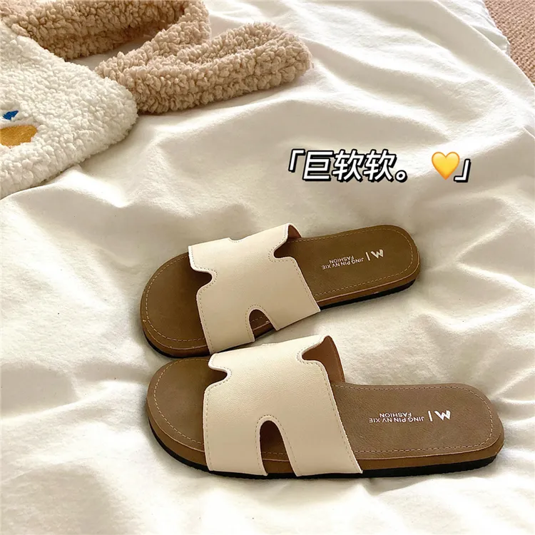 软软自留~！高级感慵懒皮面外穿拖鞋女夏季ins防滑平底一字凉拖鞋
