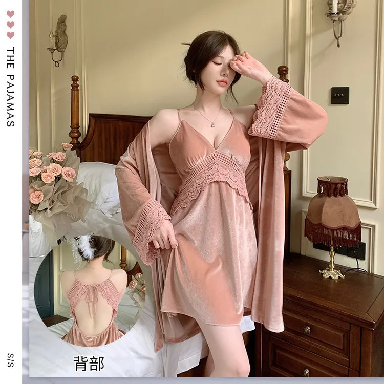 Xunmi/浔觅 秋冬金丝绒纯欲风性感吊带睡裙家居服二件套装