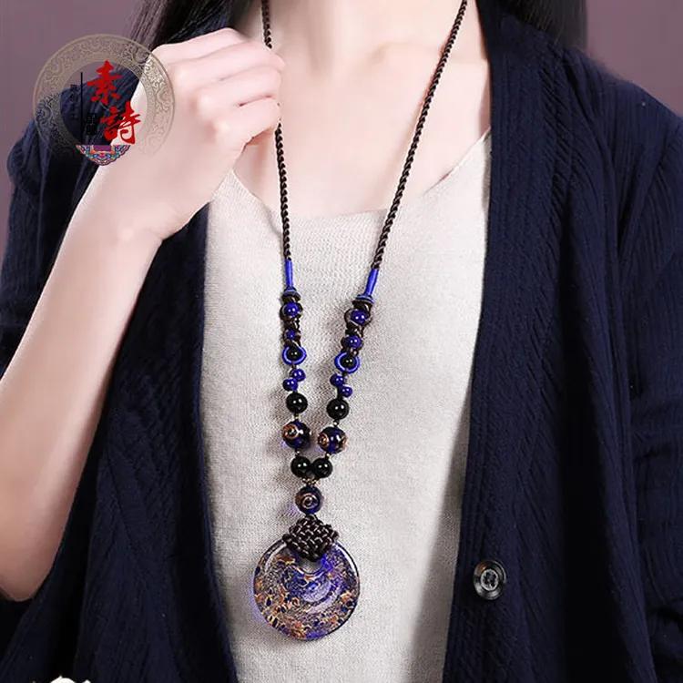 非金属布艺项链 民族风毛衣链长款女高档森系复古风挂件百搭时尚