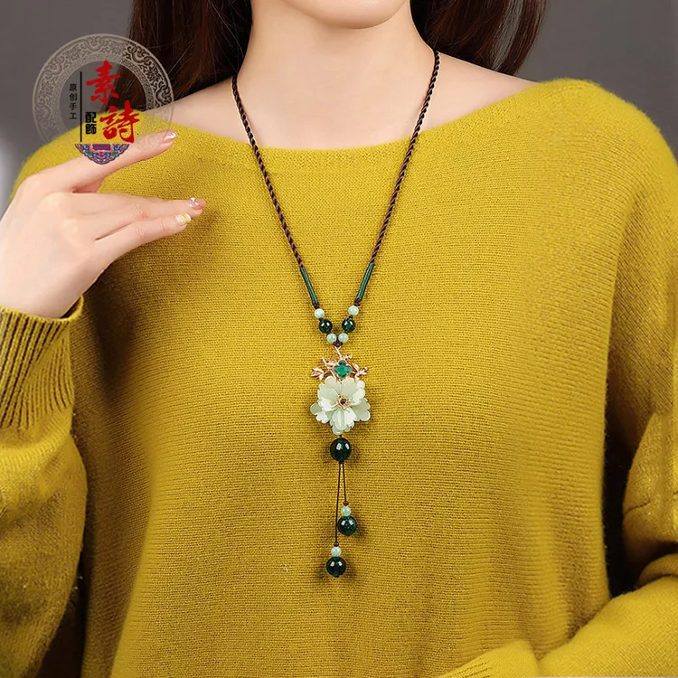非金属布艺项链 中式毛衣链高级轻奢小众长款旗袍设计感挂件饰品