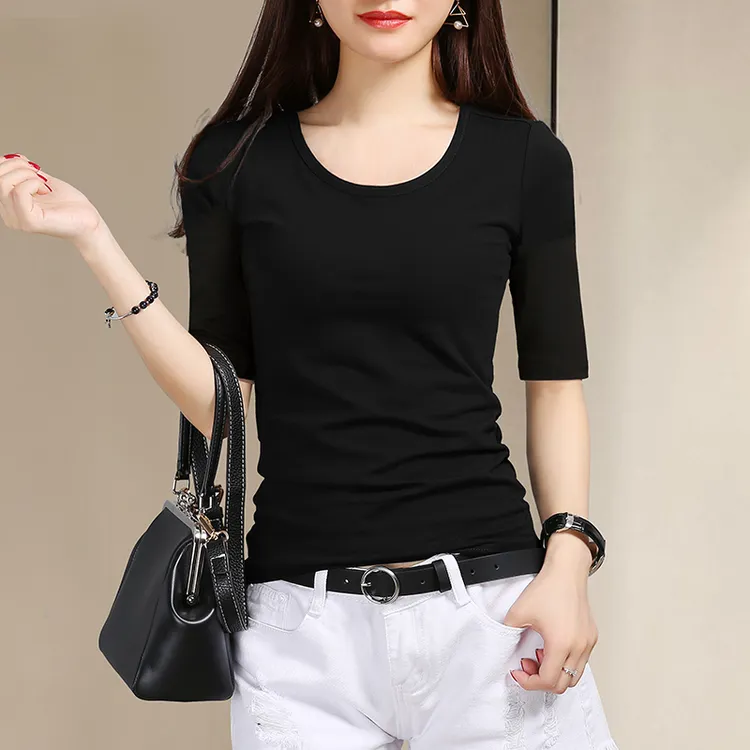 黑色中袖t恤女内搭修身纯棉五分袖新款小衫洋气打底衫七分袖上衣