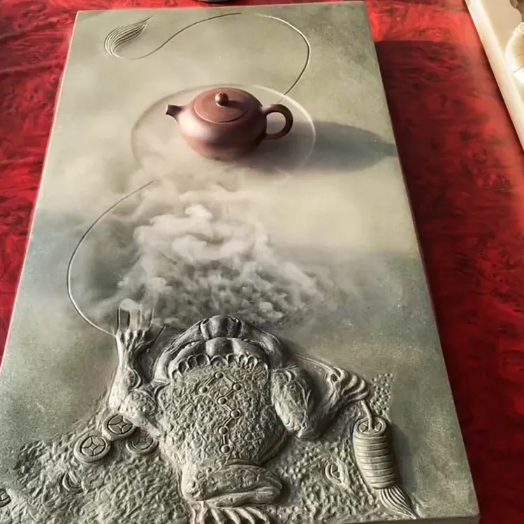 【悟禅】金蟾吐雾茶盘天然原石墨绿青手工精雕