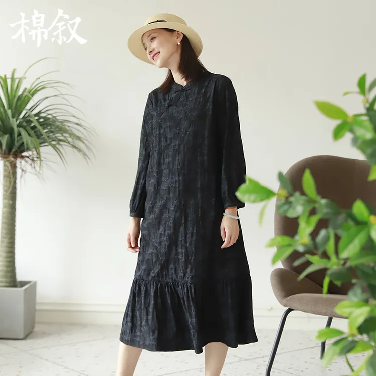 棉叙 改良宽松新中式鱼尾裙提花长袖袍子女装连衣裙中国风23219