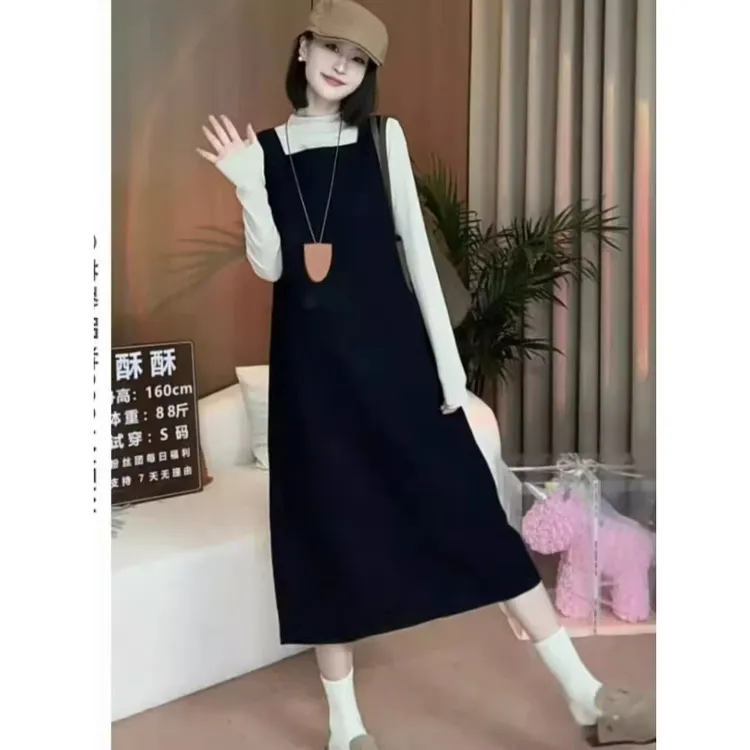 2024新款独特绝美时尚气质纯色打底衫＋背心连衣裙女早秋穿搭套装