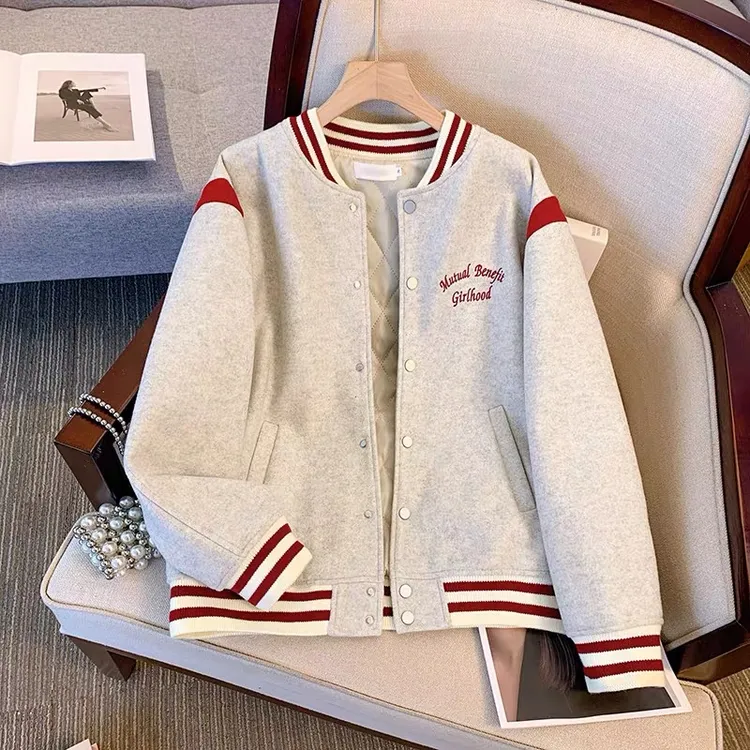 2025秋冬新款美式刺绣撞色毛呢棒球服女夹棉外套宽松休闲夹克棉衣