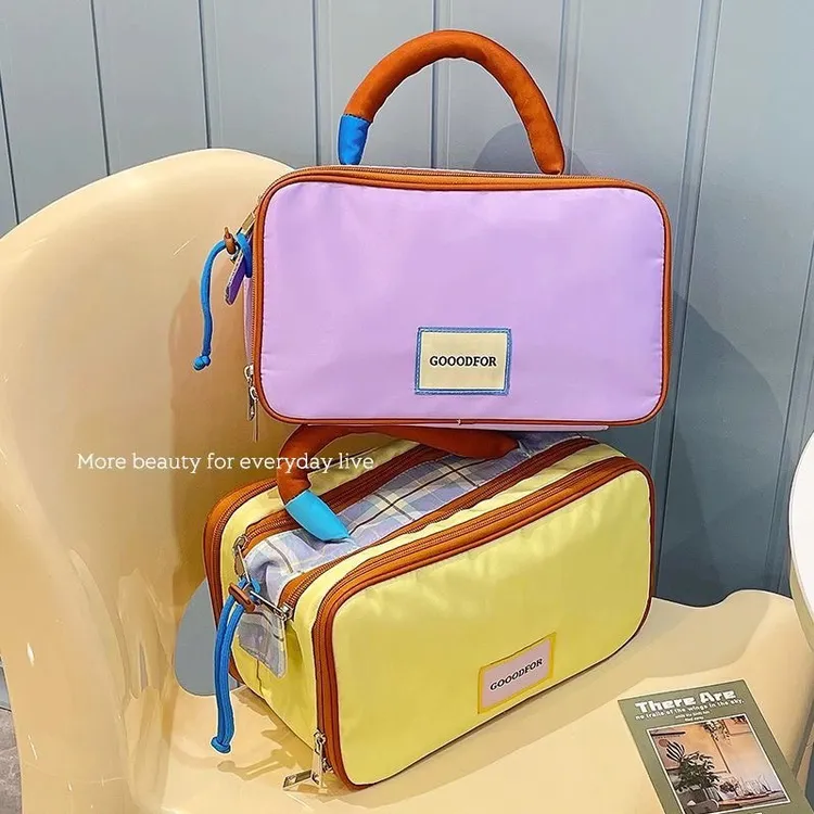 大容量便携化妆包手提化妆包格纹撞色旅行洗漱收纳袋简约化妆包