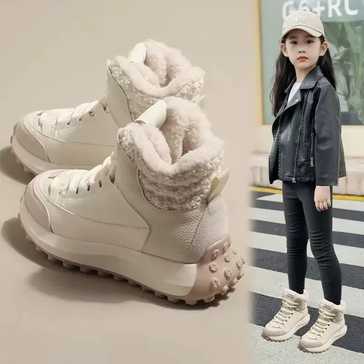 ABC女童短靴雪地靴2025冬季儿童加绒保暖防滑大棉靴中大童皮靴子