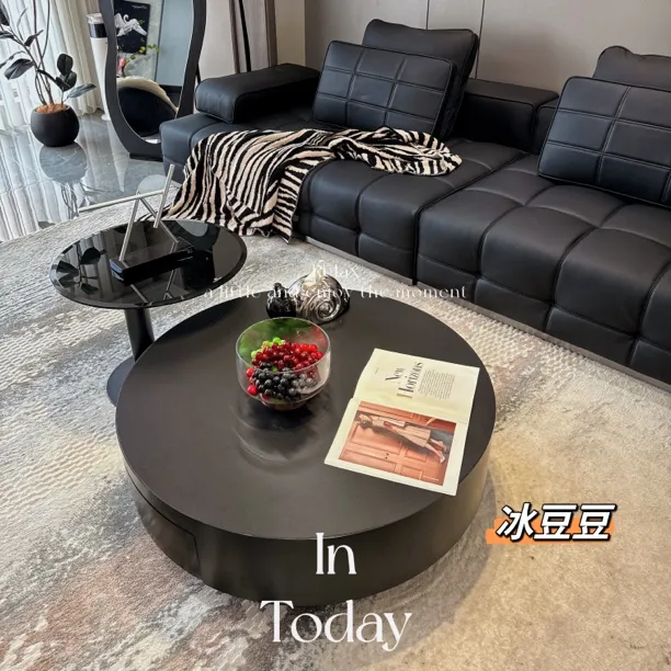 全黑圆形轻奢现代茶几阳台实木不锈钢岩板茶几客厅家用储物茶几