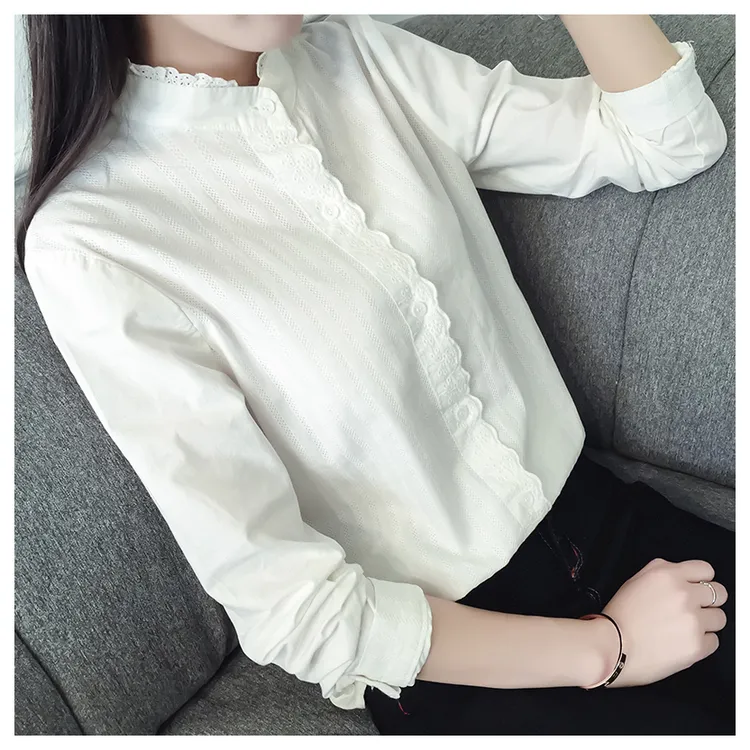 立领花边白色女装衬衫女早春叠穿内搭纯棉小个子打底港味复古上衣