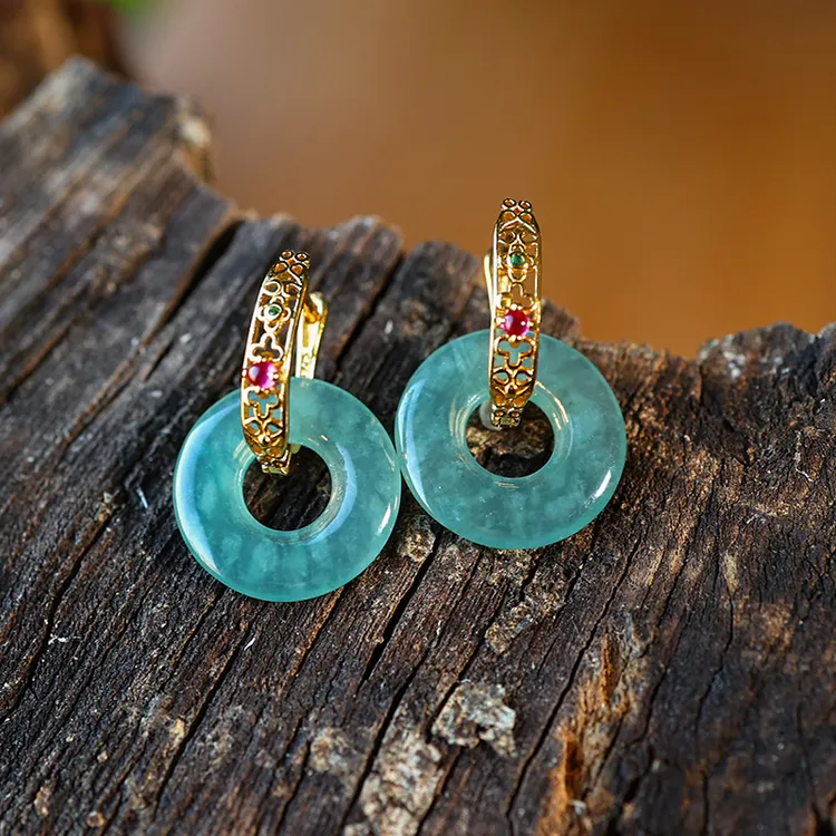 天然A货翡翠冰飘蓝花平安扣款耳坠S925银功能扣女款,随机翡翠耳饰