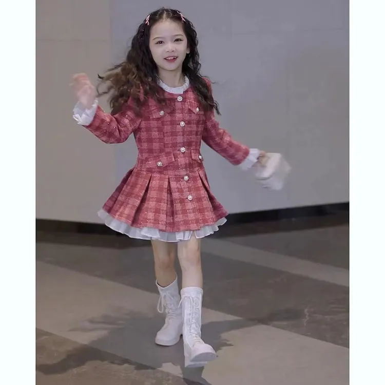 女童冬季小香风连衣裙2025新款中大童格子重工加绒加厚长袖公主裙