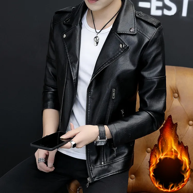 海宁男士皮衣秋冬季西装领加绒外套中青年休闲加厚保暖软皮夹克男