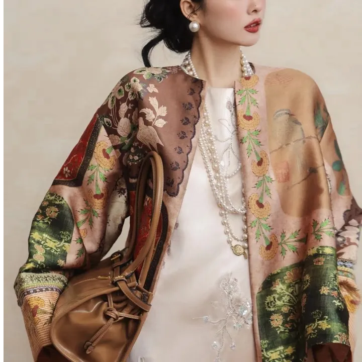 【霏妃专属】2024初秋新款高端国风新中式宽松阔版印花拼色外套女