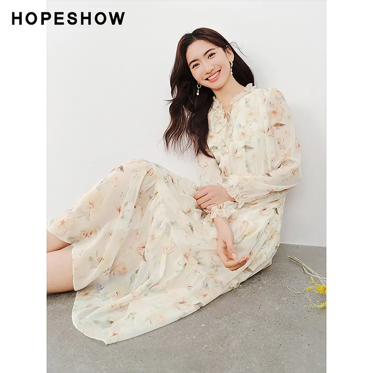 红袖春季2025新款女装 印花泡泡袖收腰木耳边领连衣裙90124051601