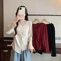 清大码女2025年春季新款气质法式V领长袖T恤设计感显瘦上衣63585