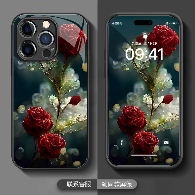 适用苹果华为oppo小米vivoins水晶玫瑰防摔玻璃软边手机壳套MC