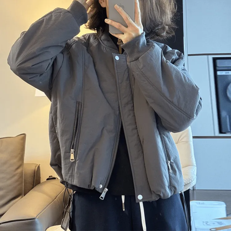 个性拉链拼接显瘦夹棉棒球服女冬季百搭加厚简约下摆外套抽绳棉衣