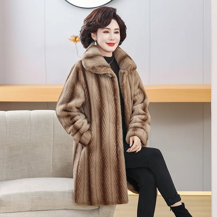 中老年妈妈装洋气时尚冬季貂绒大衣女中长款宽松百搭加厚大码外套