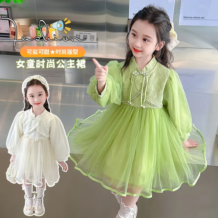 女童2025早春春季儿童中式长袖蓬蓬连衣裙女宝古典气质公主裙小童