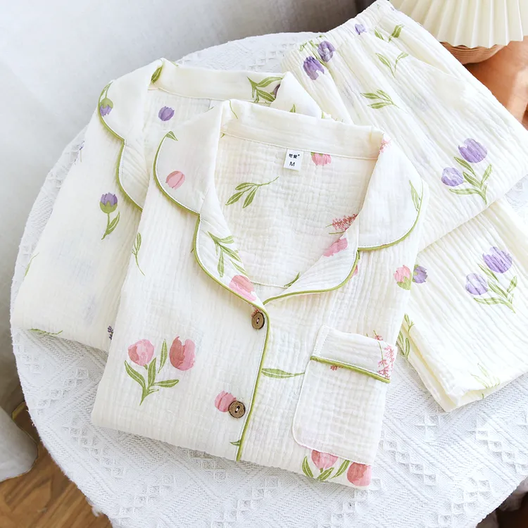 2024新款A类纱布睡衣女套装纯棉春秋长袖舒适宽松翻领开衫家居服