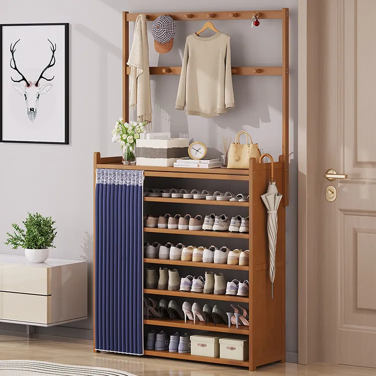 点砚布帘鞋架家用门口简易多层收纳防尘鞋柜楠竹鞋架子入户门置物