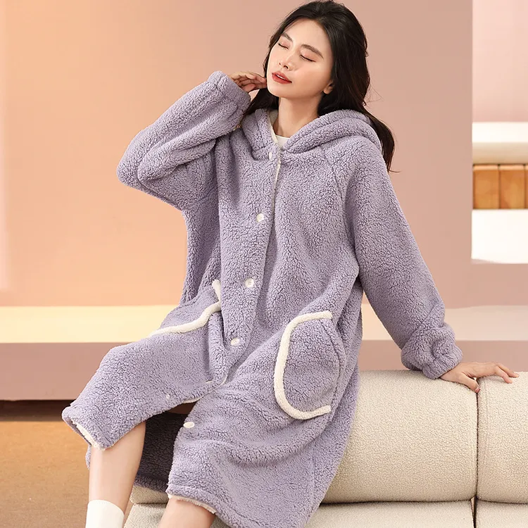 秋冬季加绒加厚法兰浴袍连帽情侣可外穿睡袍大码新款家居服睡衣
