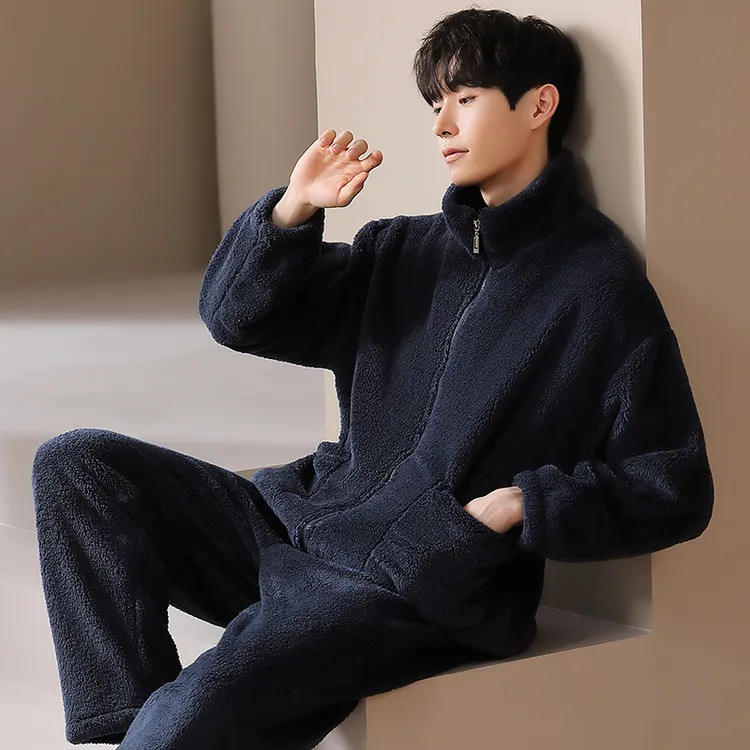 休闲冬款加绒长袖睡裤保暖长裤家居服套装珊瑚绒加厚睡衣男秋冬款
