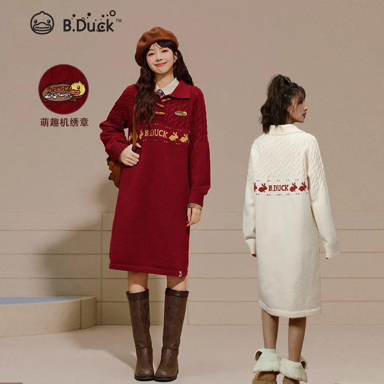 B.Duck复古学院针织红色毛衣裙2025秋冬季本命年复古红显白红裙