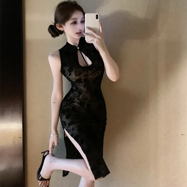 新中式植绒性感镂空无袖改良旗袍气质名媛御姐开叉修身包臀连衣裙