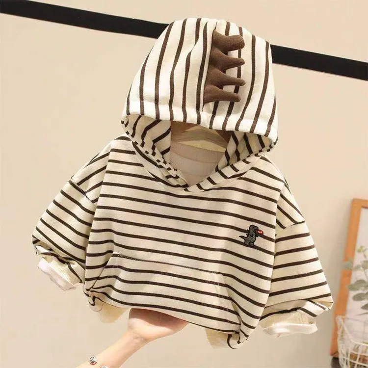 儿童卫衣春秋小童洋气男童连帽长袖套头上衣女童条纹宝宝韩版衣服