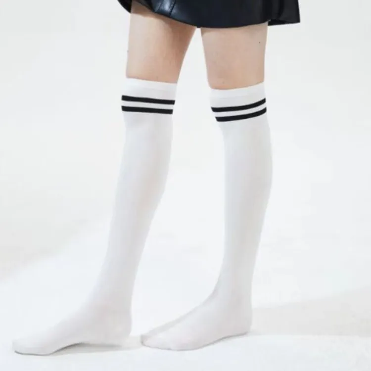 长筒过膝袜长腿百搭美女高筒长袜防滑条纹学生学院风大小腿袜纯色
