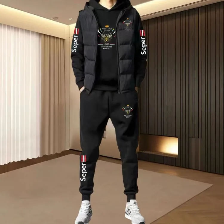 秋冬款男士马甲三件套加绒加厚连帽卫衣长裤马甲三件装装高档超柔