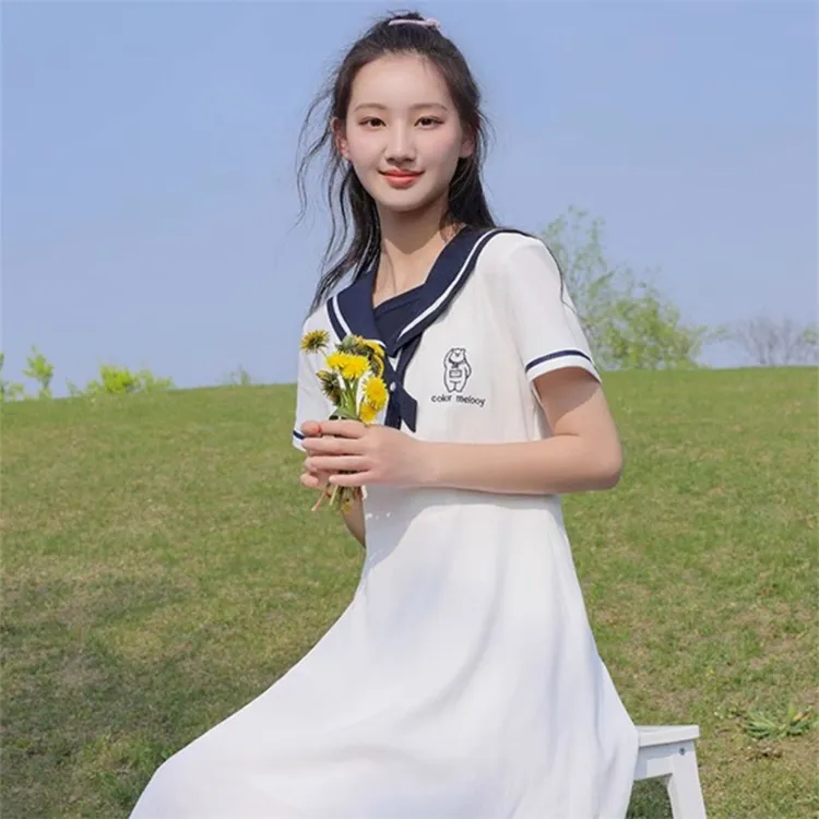 海军风连衣裙少女长裙子初中学生高中女生夏装日系JK领学院风过膝