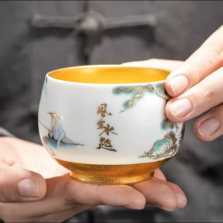 【风生水起】大师主人杯品茗杯德化白瓷鎏金杯建盏茶杯送礼自用礼盒