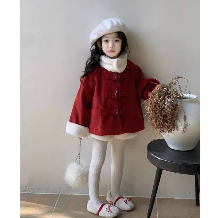 现货壹妈童装萌娃穿搭女童圣诞套装秋冬洋气儿童红色毛呢外套半裙