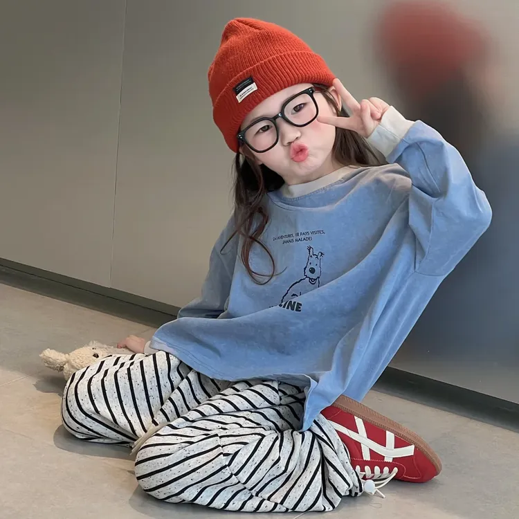 现货萌娃穿搭壹妈韩版童装女童套装秋装洋气卡通印花上衣条纹裤子