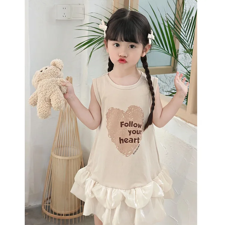 壹妈韩版童装女童背心裙夏季拼接公主裙女宝宝字母爱心印花公主裙