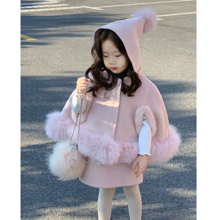 壹妈童装女童两件套春秋儿童粉色狐狸毛呢子斗篷外套背心裙