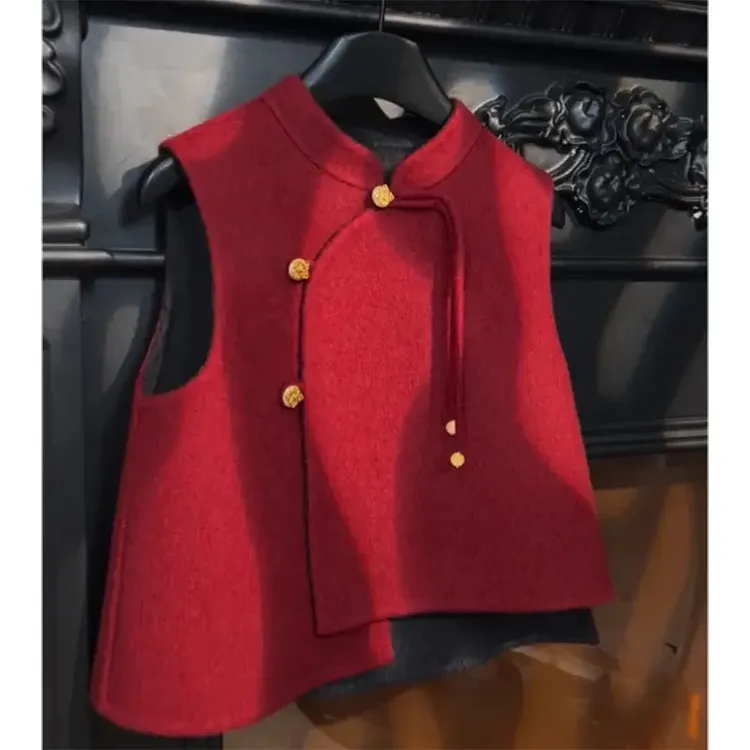 壹妈新年战袍童装女童秋冬新中式毛呢马甲儿童中国风红色背心