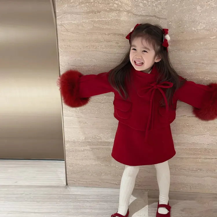 壹妈童装女童拜年服套装秋冬新款儿童洋气红色毛呢加厚外套背心裙