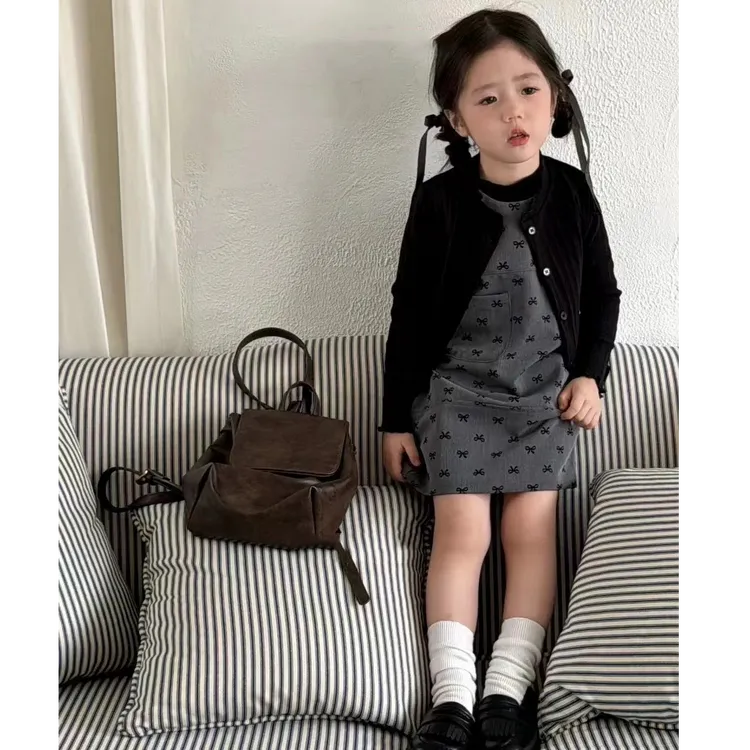 现货】壹妈女童秋季小香风套装洋气灰色波点背心裙子黑色针织开衫