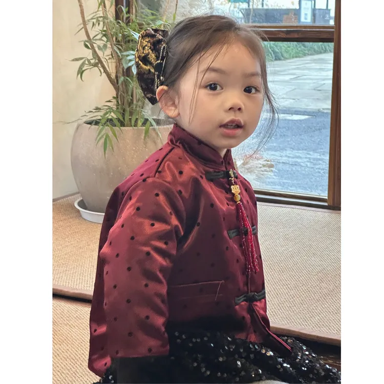 壹妈童装女童套装拜年服加厚秋冬儿童新中式红色拼接盘扣外套半裙