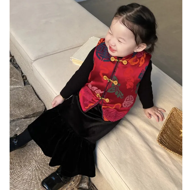现货壹妈中国风童装穿搭女童秋冬套装儿童新中式红色夹棉马甲半裙