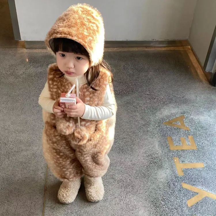 现货壹妈童装女童秋冬套装儿童洋气可爱女宝宝毛毛连体背带裤帽子