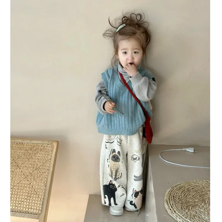 壹妈童装萌娃穿搭女童套装秋装儿童洋气蓝色针织背心上衣休闲卫裤