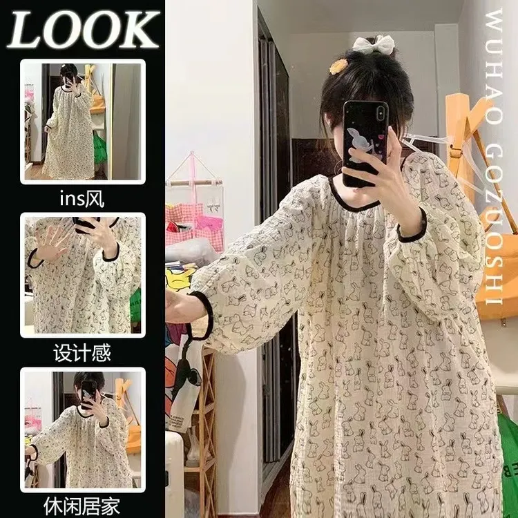 网红ins风兔子印花长袖圆领睡裙女春秋甜美少女宽松大码家居服