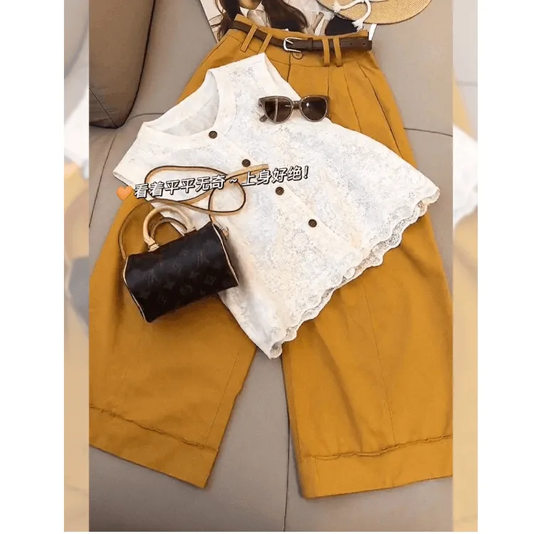 盐系穿搭一整套装女夏季大码胖mm上衣阔腿裤时尚轻熟风通勤两件套