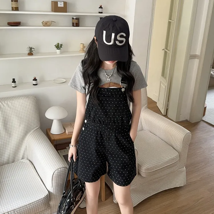 小清新牛仔波点背带短裤女2025夏天小个子高腰减龄宽松新款吊带裤